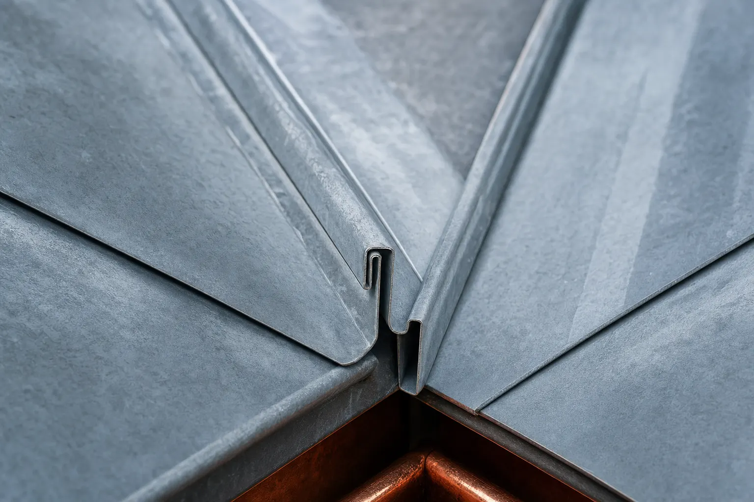Pli de zinc formé à la main sur une noue de toiture